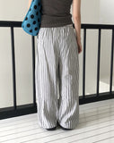 Satin Linen Stripe Wide Banding Long Pants
