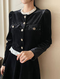 Edel Frill Neck Puff Velvet Jacket Blouse