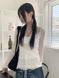 Petitron see-through ribbon strap long sleeve blouse