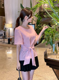 Eju Round Ribbon Strap Short Sleeve Blouse
