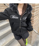 Brushed Two-Way Embroidered Lettering Loose Fit Fur Hood Zip-Up