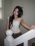 Blurry dot see-through hole short sleeve scarf set