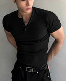 Muscle Fit Henley Neck Short Sleeve Knit
