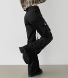 Waist Strap Low Waist Pocket Shirring Pin Tuck Wide Bootcut Pants