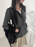 Mihoo Vintage Stripe Button Pocket Long Sleeve T-Shirt