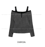 Signal Button Stripe Off-Shoulder Long Sleeve