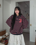 Arc collar patch stripe balloon sweatshirt