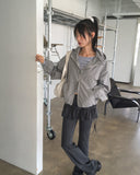 Mebel Shirring Off-Shoulder Back Slit Ribbon Strap Long-Sleeved T-Shirt