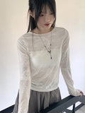 Pezzle See-Through Paisley Incision Split Cropped Long Sleeve T-Shirt