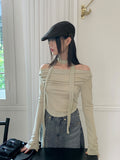 [Scarf set]  Kenin Shirring Pleated Off-Shoulder Crop Long Sleeve T-shirt
