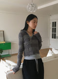 Near angora fur color matching stripe two-way diagonal zipper long sleeve knit
