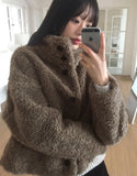 Merve Fluffy Fur Button High Neck Short Jacket