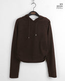 Muff shoulder slit ribbed color matching shirring crop long sleeve hood knit