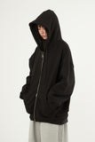 Unbalance rib banding fleece hood zip-up