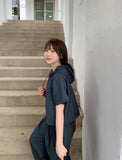 [BAONHAUS] Teltu Dot Raw Denim Hood Short Sleeve Blouse