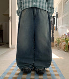 Koiten side pin tuck washing wide denim pants