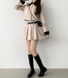 Tweed Two-Piece Crop Jacket Belt Mini Skirt Pants Set