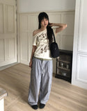 Kaea check color matching frill banding wide pants