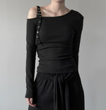 Letter Unbalanced Belt One-Shoulder Off-Shoulder Tee