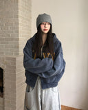 Navy Lettering Brushed Washing Hood Zip-Up