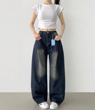 Diagonal One Pin Tuck Washing Loose Balloon Wide Fit Denim Pants