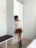 Twill Ribbon Strap Off-Shoulder Slit Cropped Long Sleeve T-Shirt