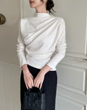 Dielb Half Neck Unbalanced Drape T-Blouse