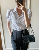 Labor Stripe Puff Shirt Blouse