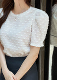 Bullet-Dot Wrinkle Jacquard Puff Sleeve Tee-Blouse