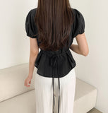 Summer Lace Pattern Puff Short Sleeve Ribbon Blouse