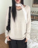 Fling Soft Angora Roll V-neck Long Sleeve Knit