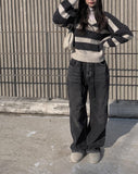 Rising black blue strap wide pants