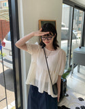 Myuo dot ribbon shirring short sleeve blouse