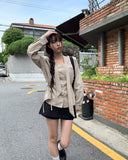 [Muffler set] Ir bean button side strap V-neck long sleeve blouse