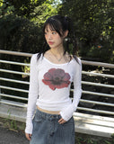 Kiving See-Through U-Neck Cosmos Flower Long Sleeve T-Shirt