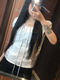 Sandy Summer Ribbon Strap Pintuck Puff Short Sleeve Blouse