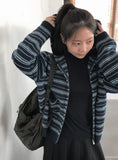 Sokin Stripe Hood Knit Zip-Up Cardigan