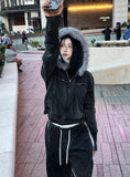 Low Washing Crop Fur Hood Zip-Up