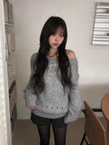Pogo Openwork Loose Fit One-Shoulder Boat Neck Knit