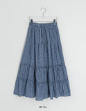 Cayue Check Shirring Tiered Banding Long Skirt