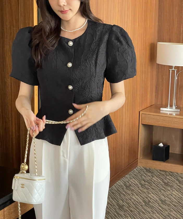 【I AM MARI】Luare Jacquard Puff Short Sleeve Blouse Jacket I AM MARI (アイアムマリ) - ルアージャカードパフ半袖ブラウス