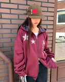 [Brushed Lining] Skin Star Print Stripe Color Matching Two-Way Loose Fit Hood Zip-Up