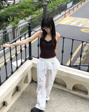 [with pad/adjustable straps] Cheeky back banding layered lace color matching shirring sleeveless