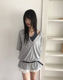 [UNISEX] Karin Linen Overfit Henley Neck Off-Shoulder Short Sleeve T-Shirt