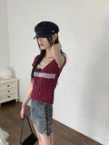 Killlove Vintage Lace Deep U-Neck Crop Short Sleeve Knit