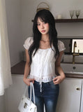Neron Shirring Frill Ribbon Puff See-through Short Sleeve Blouse