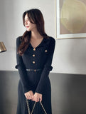 Easel Button Collar Knit Flare Long One Piece