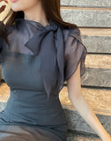 Jenia Tie Chiffon Tulip Sleeve Long One Piece