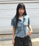 Sino Pocket Snap Button Short Sleeve Denim Shirt