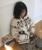 Jeber Deer Nordic Round Collar Knit Cardigan